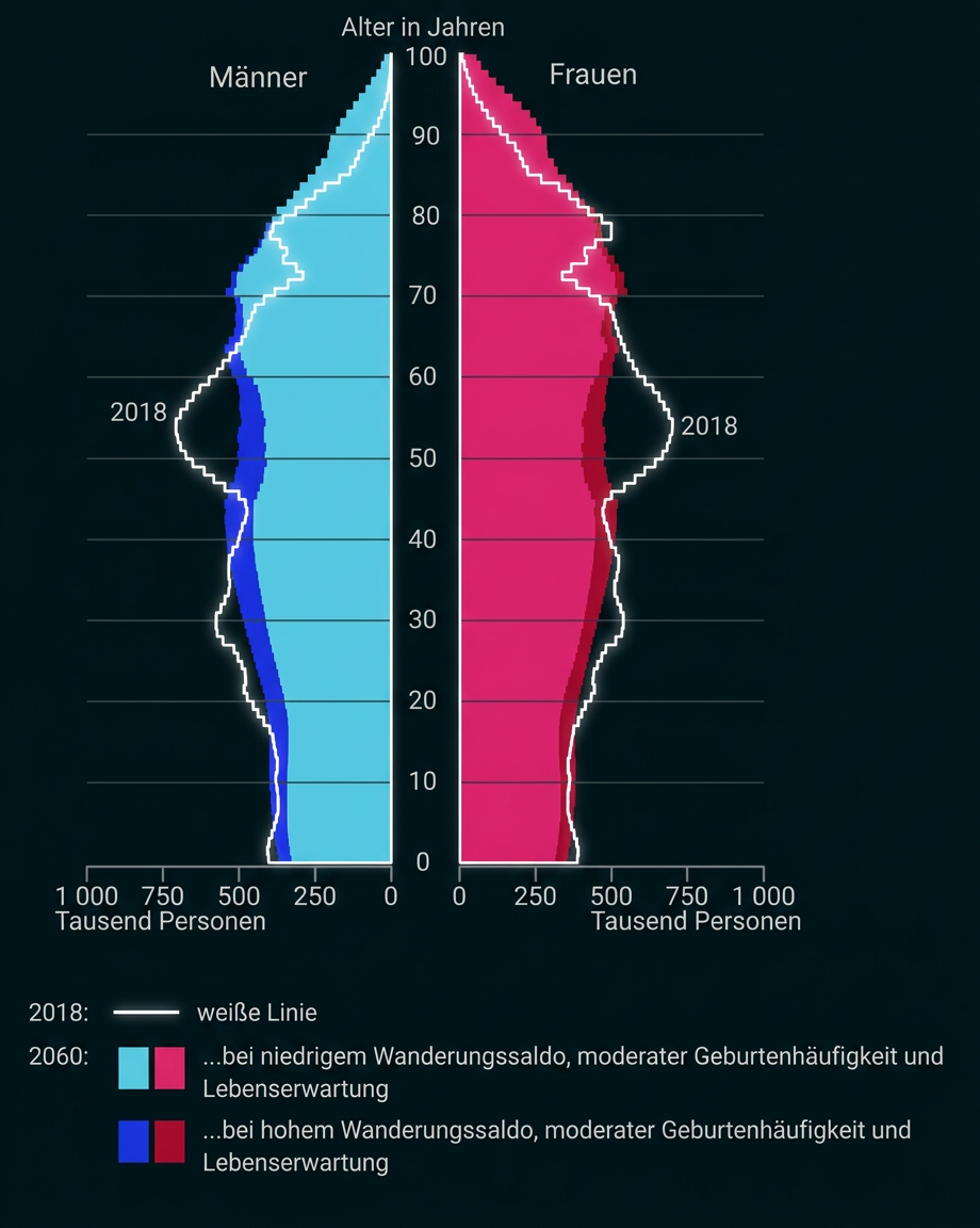Bevölkerungspyramide nach Alter und Geschlecht: Vergleich der Bevölkerung 2018 mit Prognosen für 2060 bei unterschiedlichen Wanderungssalden.